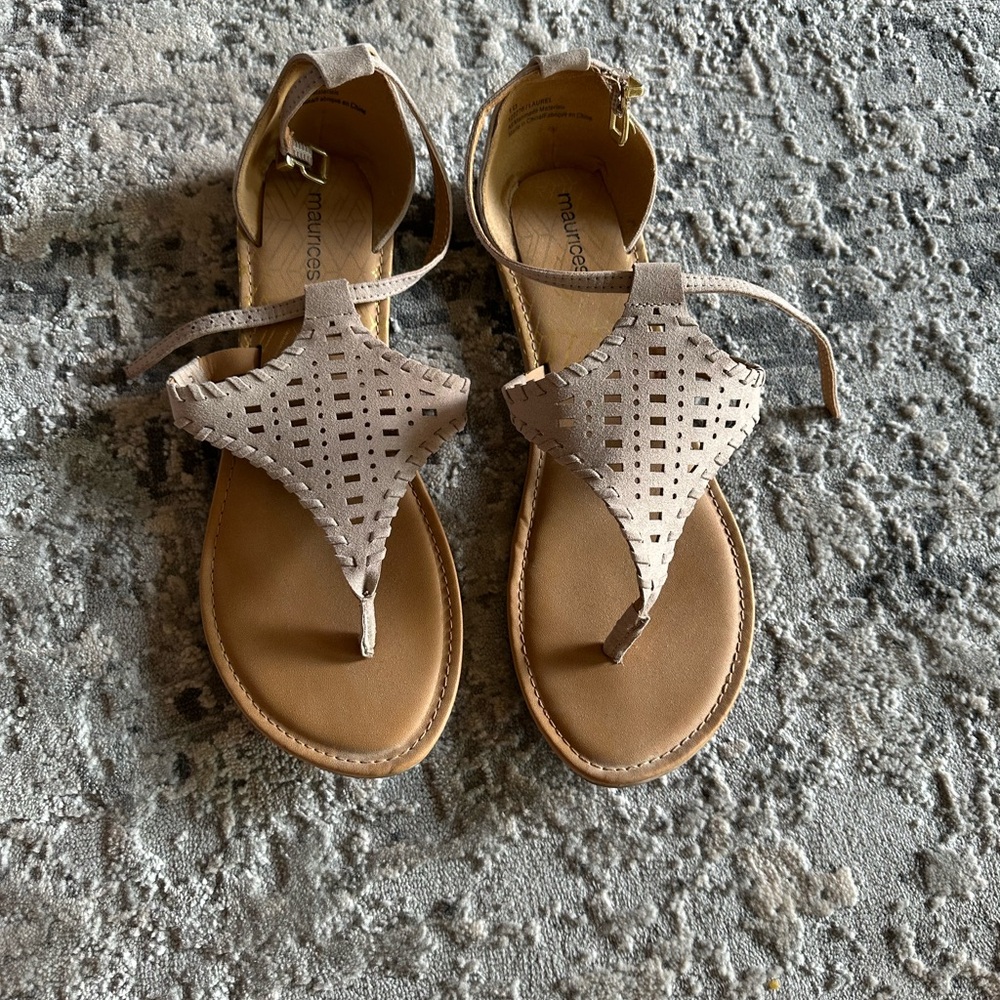Maurices Tan Sandals with Ankle Straps and Metallic Accents